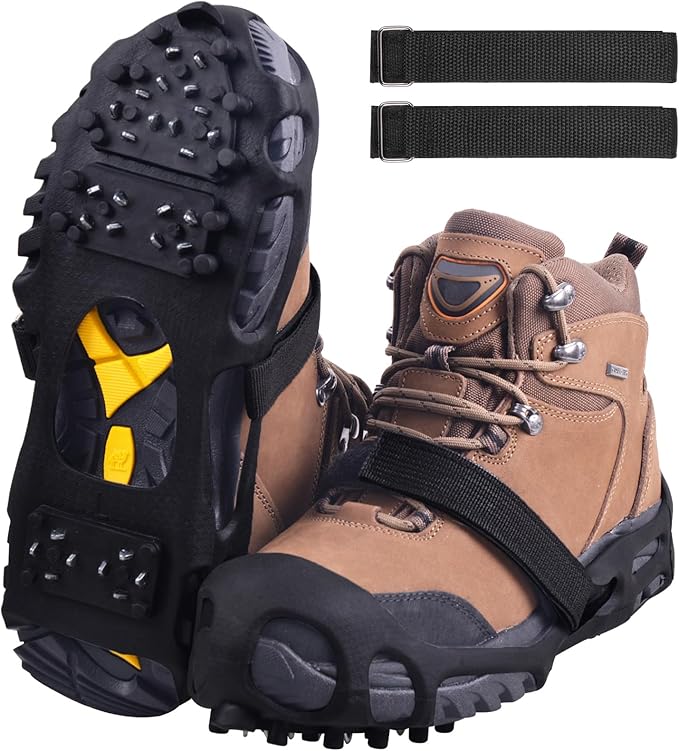 Ice Cleats Snow Traction Cleats Crampons for Shoes and Boots Men Women 28 Studs Anti Slip Shoe Grippers Overshoe Slip-on Stretch Footwear Spikes for Snow and Ice Fishing Winter Walking Hiking
