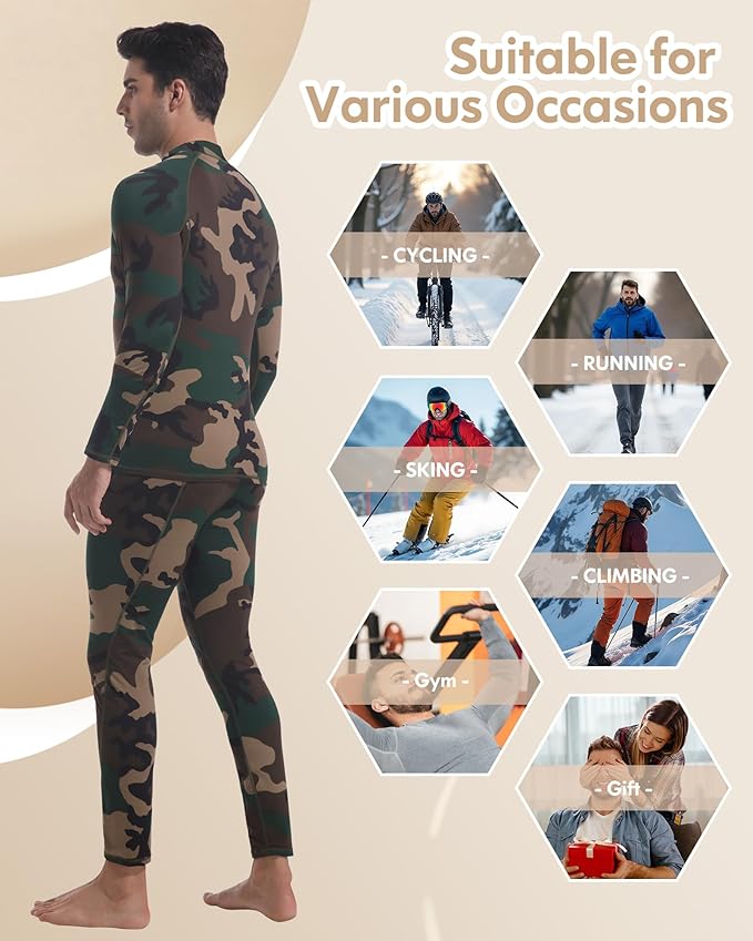 CL convallaria Thermal Underwear for Men Long Johns Fleece Lined Hunting Gear Set Base Layer for Cold Weather XS-4XL