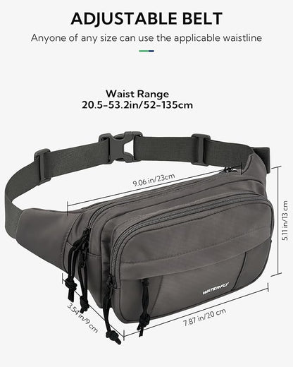 WATERFLY Fanny Pack Waist Packs: Large Crossbody Fanny Packs for Women Men with 5 Zipper Pockets Adjustable Strap Waist Bags Hip Pack for Traveling Cycling Running Hiking-Gray