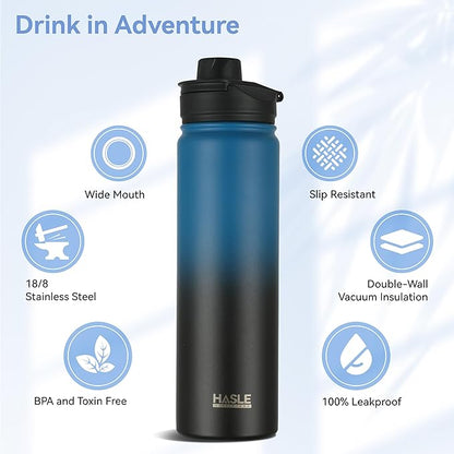 HASLE OUTFITTERS Insulated Water Bottle 22 oz Double Wall Stainless Steel Water Bottle Wide Mouth with Straw Lid & Spout Lid Keeps Cold or Hot(Blue Black Gradient,1)