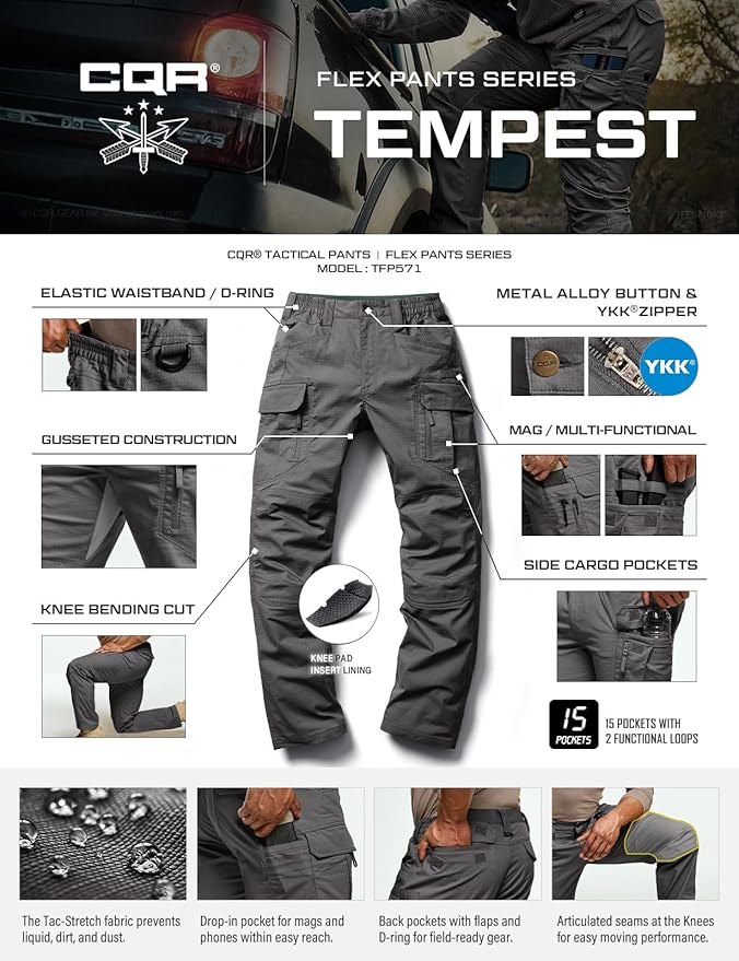 CQR Men's Flex Stretch Tactical Pants, Water Resistant Ripstop Cargo Pants, Lightweight EDC Outdoor Work Hiking Pants