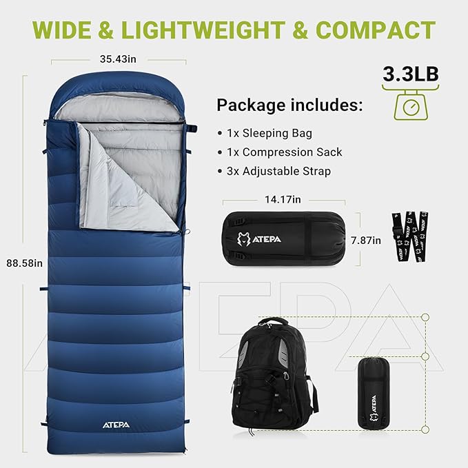 ATEPA Down Sleeping Bag for Adults, 650FP Recycled Wearable Ultralight 3 Season Packable Compact Waterproof Sleeping Bag with Compression Sack for Backpacking Camping Hiking
