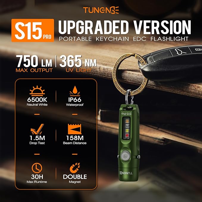 S15Pro Rechargeable Keychain Flashlight,750 High Lumen EDC Pocket Flashlight with Clip,Multifunction Mini COB Light and 365nmUV- 11 Lighting Modes, Tail Magnet, Flash Light(Army Green)