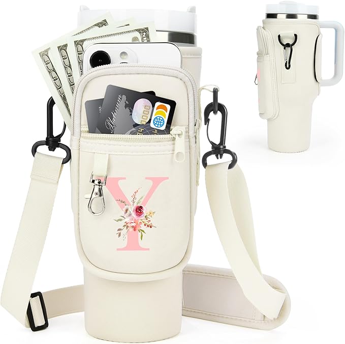 Initial Water Bottle Holder with Strap for Stanley 40 oz Tumbler/Simple Modern 40 oz Tumbler,Water Bottle Carrier Bag with Strap,Personalized A-Z Phone Pocket for Stanley Cup Accessories