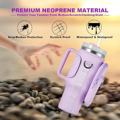 Water Bottle Carrier Bag with Phone Pocket for Stanley 40 & 30 oz Tumbler with Handle,Pink Insulated Neoprene Cup Holder Pouch w/Adjustable Strap for Quencher H2.0 Stanley Cup Accessories