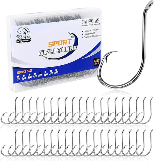 UCEC Circle Hooks Fishing Hooks 2X Strong Offset Circle Hooks Saltwater Black High Carbon Steel Octopus Catfish Fishing Hooks Fishing Gear Tackle 150pcs/ 240pcs - Size:#1 1/0 2/0 3/0 4/0 5/0 6/0 8/0