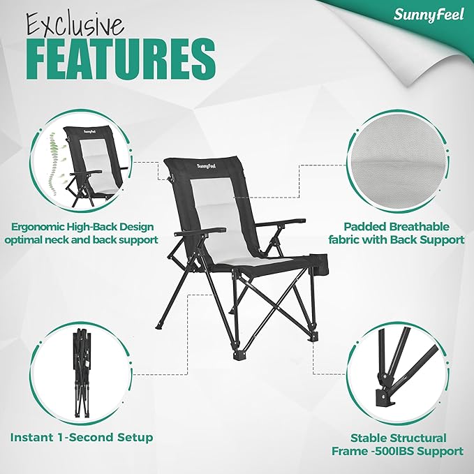 SUNNYFEEL Ergonomic High Back Camp Chair - 500lbs Heavy Duty Folding Chair, UV-Resistant Portable Camp Chair with Hard Armrests, Cup Holder＆ Bag for Outdoor, Basebal, Travel, Sports, Hiking, Fishing
