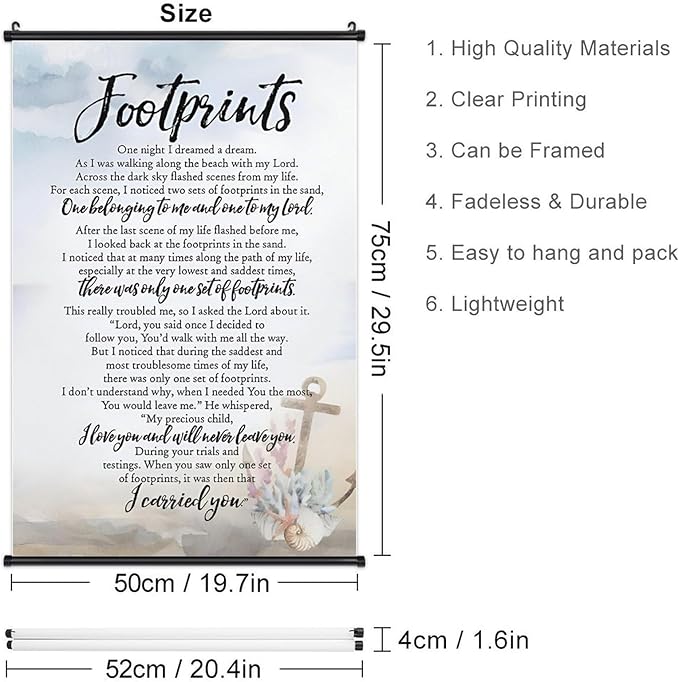 Footprints in the Sand Religious Canvas Wall Art Posters, Inspirational Beach Sunset Poem Print Poster (Black Axis 20x30inch, Footprints(6))