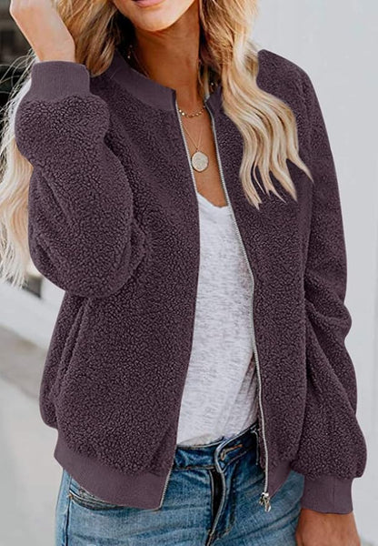 MIROL Women's Fall Trendy Fleece Jacket Faux Sherpa Fuzzy Casual Long Sleeve Zip Up Loose Fit Bomber Winter Coat