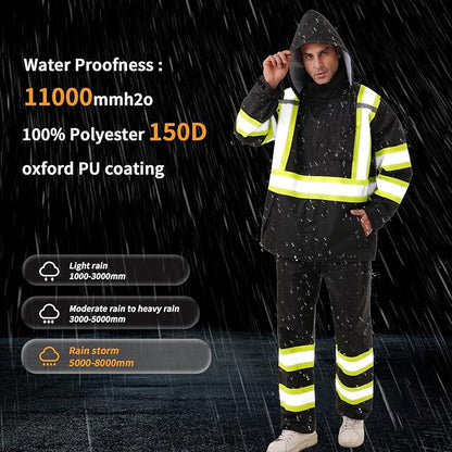 Hi Vis Safety rain Jacket，Reflective Class 3 Rain coat with Inner Mesh Lining and Pockets High Visibility Waterproof work Rain Suits for men&women（Black,SM/MD）