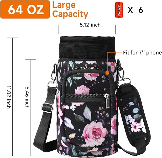 32/40/64/128 oz Neoprene Insulated Water Bottle Carrier Bag, Sling Bag Sleeve Pouch Holder with Strap & Paracord Handle and 2 Pocket for Travelling, Hiking, Camping