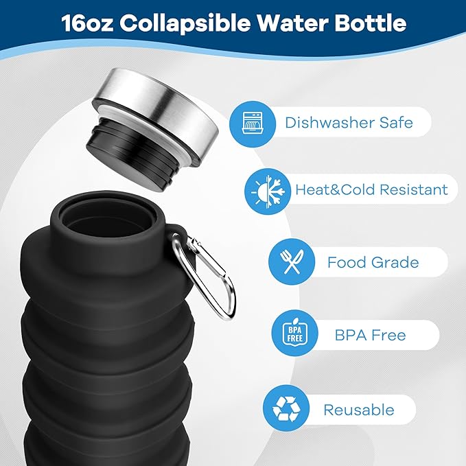 Collapsible Water Bottles 17oz, Portable Leak-Proof Travel Water Bottle, Reusable BPA Free Silicone Foldable Water Bottle with Carabiner for Gym, Traveling, Camping, Hiking, Sports(Black+Blue)