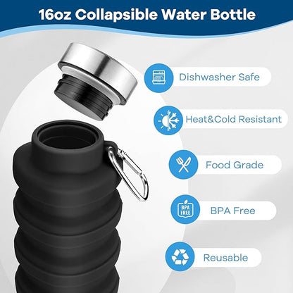 Collapsible Water Bottles 17oz, Portable Leak-Proof Travel Water Bottle, Reusable BPA Free Silicone Foldable Water Bottle with Carabiner for Gym, Traveling, Camping, Hiking, Sports(Black+Blue)