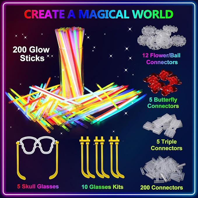 BUDI 467Pcs Glow Sticks Christmas Party Favors New Year Eve Party Supplies for Kids Adult Glow in the Dark 4th of July Accessories Neon Decors Glowsticks Bulk 8 Colors 8" with Connectors for Parties