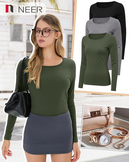 Neer 3 Pack Women's Thermal Shirts Long Sleeve Crew Neck Fleece Lined Undershirts Slim Fit Basic Tops Winter Base Layer