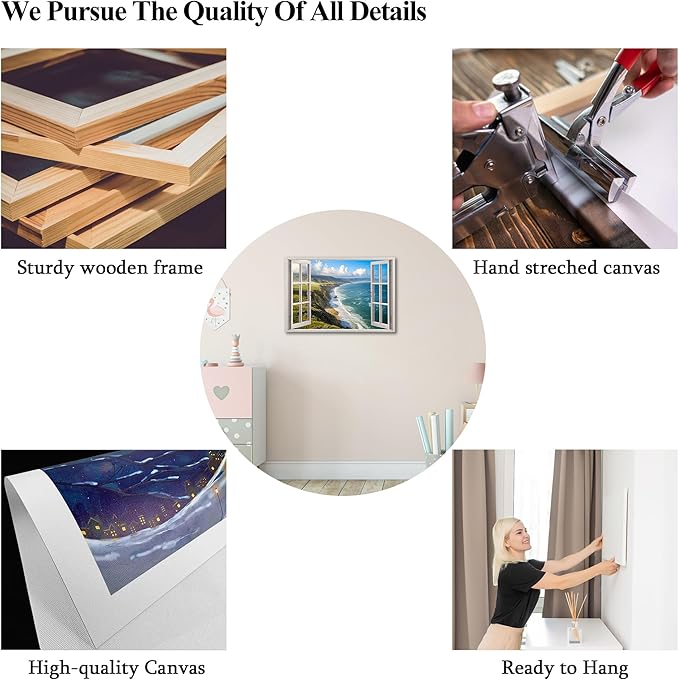 ANRUOXI Beach Window Canvas Wall Art, Enclosed Bedroom Living Room Ocean Coastal Channel Scene Picture, Tropical Sea Landscape Painting Print Artwork Horizontal Seascape Artwork for Bedroom 28x40 Inch