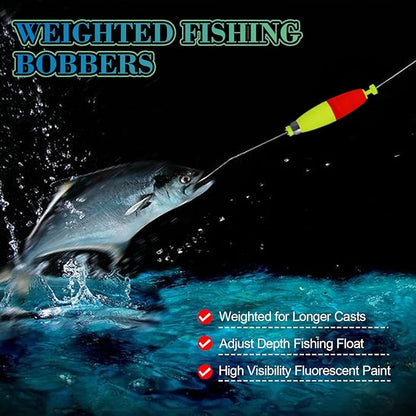 Weighted Fishing Bobbers 10-Pack - Slip Bobbers for Catfish, Panfish with Spring-Loaded Clip & Bottom Weight | 3 Sizes & 5 Multi-Color Styles (EVA Foam Floats)