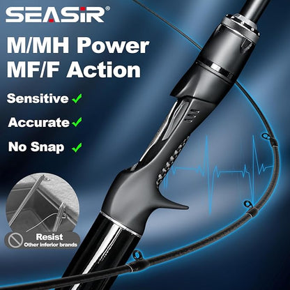 SEASIR Overcast Saltwater Fishing Rod, 2 Piece BFS Spinning Rod 6'6/7'/8'/8'6 Bait Casting Rod, Black Baitcaster Rod, Medium/Medium Heavy, 36T Carbon Fiber, Fuji O, Lightweight for Bass Catfish Trout