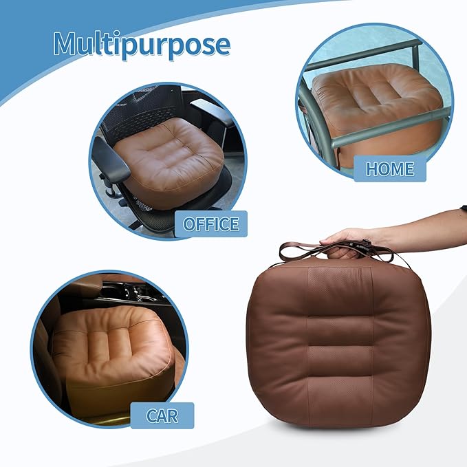 YOUFI Leather Seat Cushion Extra-Thick Booster for Office Chair to Rise Height - Full Filling for Support - with Breathable Cover, Handle and Buckle - Relieves Back Pain – 18"x16"x6" (Brown)