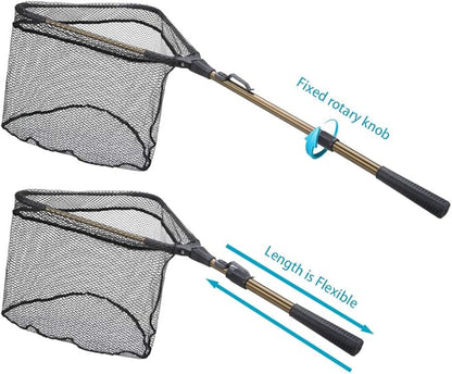 YVLEEN Folding Fishing Net - Foldable Fish Landing Net Robust Aluminum Telescopic Pole Handle and Nylon Mesh 16inch Hoop Size
