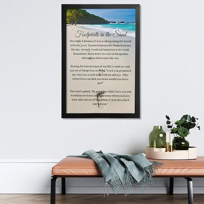 Footprints in the Sand Religious Canvas Wall Art Posters, Inspirational Beach Sunset Poem Print Poster (Black Framed 12x18inch, Footprints(4))
