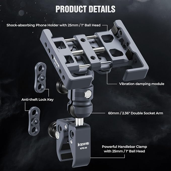 Anti-Theft Shock-Absorbing Phone Holder Kit, Aluminum Double Socket Arm and Handlebar Strong Rod Clamp, Installed on 0.55-1.77" Diameter Rail Round Rod (KPS-15)
