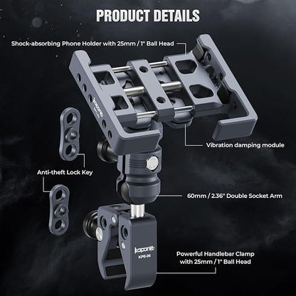 Anti-Theft Shock-Absorbing Phone Holder Kit, Aluminum Double Socket Arm and Handlebar Strong Rod Clamp, Installed on 0.55-1.77" Diameter Rail Round Rod (KPS-15)