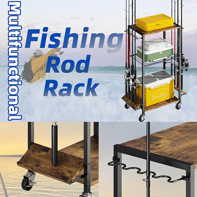 ZHOOGE Fishing Rod Holders for Garage, Fishing Pole holders Fishing Pole Rack Holds up to 8 Rods and Reel Combos, Fishing Gear Equipment Organizer Storage Solution for Garage Basement or Indoor