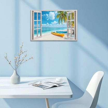 ANRUOXI Beach Wall Art, Window Frame Style Canvas Wall Decor Ocean, Blue Sea & Tropical Palm Tree Coasts Boats Canvas, Paradise Scenery Nature Landscape Painting for Living Room Office Home 18x24 Inch