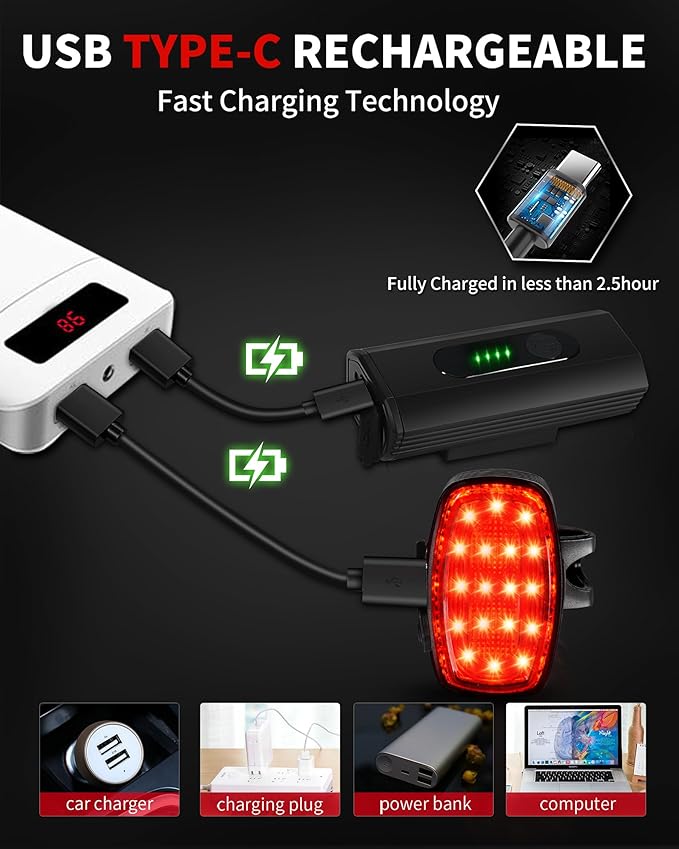 DARKBEAM Bike Headlight Rechargeable USB-C, Bicycle Lights 4000LM Ultra Bright, Mountain Bike Light Set for Night Riding, 6+5 Mode Waterproof Front Bike Light & Rear Light for Road, Cycling