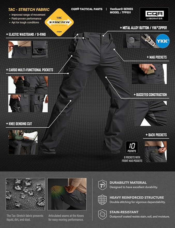 CQR Men's Flex Stretch Tactical Pants, Water Resistant Ripstop Cargo Pants, Lightweight EDC Outdoor Work Hiking Pants
