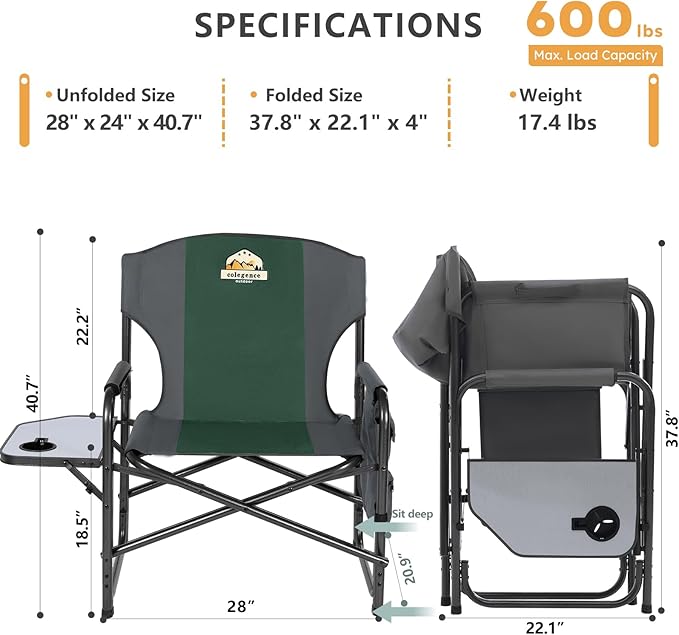 Oversized Directors Camping Chair Set of 2 Support 600 LBS, Heavy Duty Folding Outdoor Chairs with Detachable Side Pocket and Adjustable Side Table for Outside Beach,Lawn,Fishing (Green)