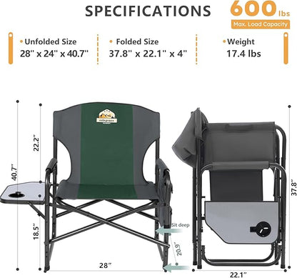 Oversized Directors Camping Chair Set of 2 Support 600 LBS, Heavy Duty Folding Outdoor Chairs with Detachable Side Pocket and Adjustable Side Table for Outside Beach,Lawn,Fishing (Green)