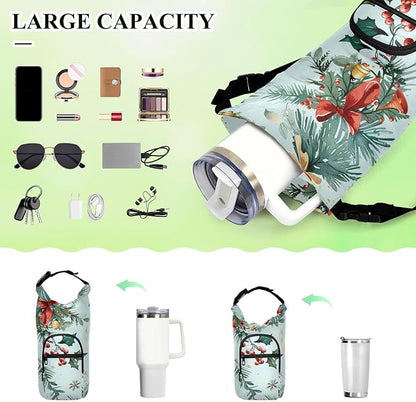 Red Bow Christmas Holly Water Bottle Holder with Strap Insulated Water Bottle Carrier Crossbody Bags Pouch with Phone Pocket for Travel Gym Hiking Walking Running