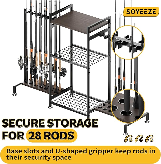 SOYEEZE Fishing Rod Holder for 28 Rods, Ground Stand Fishing Pole Holders for Garage, 3-Sided Vertical Fish Rod Rack for Tackle Box, Fishing Supplies,a Display Fish Gear Storage Gift for Man