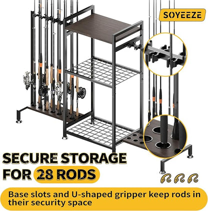 SOYEEZE Fishing Rod Holder for 28 Rods, Ground Stand Fishing Pole Holders for Garage, 3-Sided Vertical Fish Rod Rack for Tackle Box, Fishing Supplies,a Display Fish Gear Storage Gift for Man