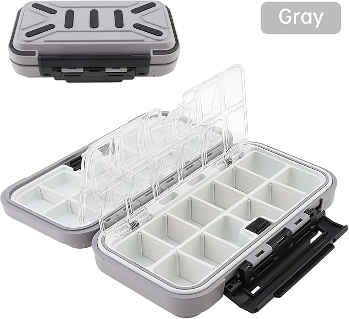 OriGlam Fishing Tackle Storage Box, Double Sided Waterproof 16 Compartments, Tackle Storage Organizer Box, Fishing Lure Box Storage Containers (Gray)