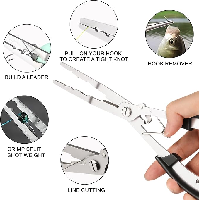 420 Stainless Steel Fishing Pliers, Multi-functional Fishing Tools Hook Remover Line Cutter Pliers, Lockable Handy Fishing Gear for Saltwater Freshwater, Gifts for Men