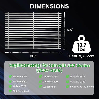 J&HYBBQ 19.5" Stainless Steel Grill Grates Replacement for Weber Genesis 300 Series Grills (2007-2016) - 18 Solid Rods, 7MM Thick, Non-Stick & Rust-Resistant Cooking Grates