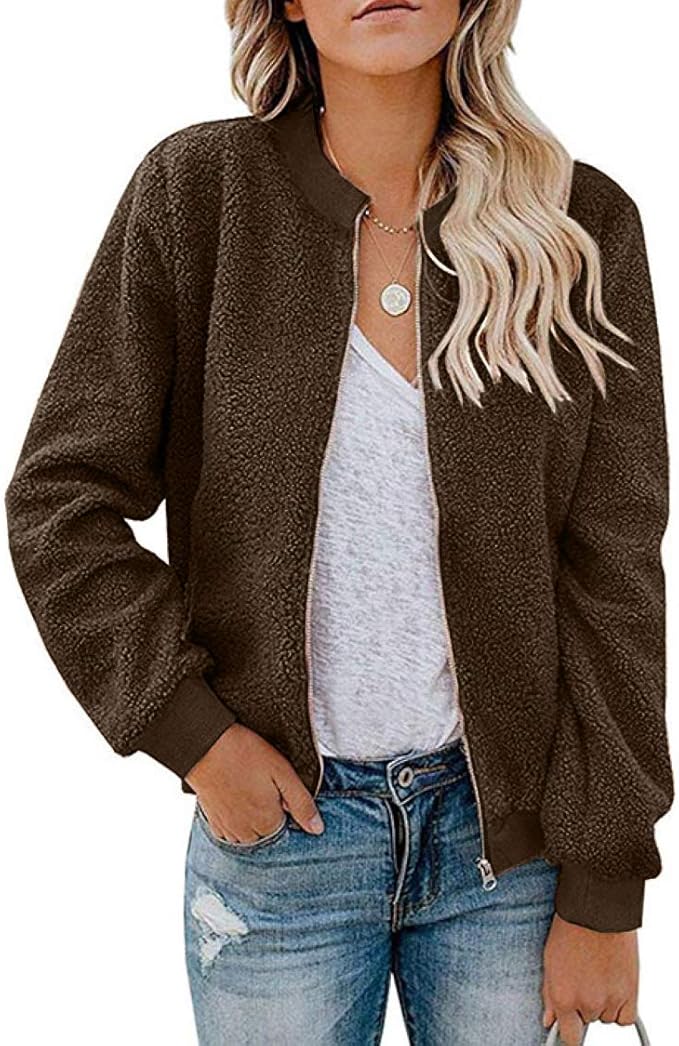 MIROL Women's Fall Trendy Fleece Jacket Faux Sherpa Fuzzy Casual Long Sleeve Zip Up Loose Fit Bomber Winter Coat