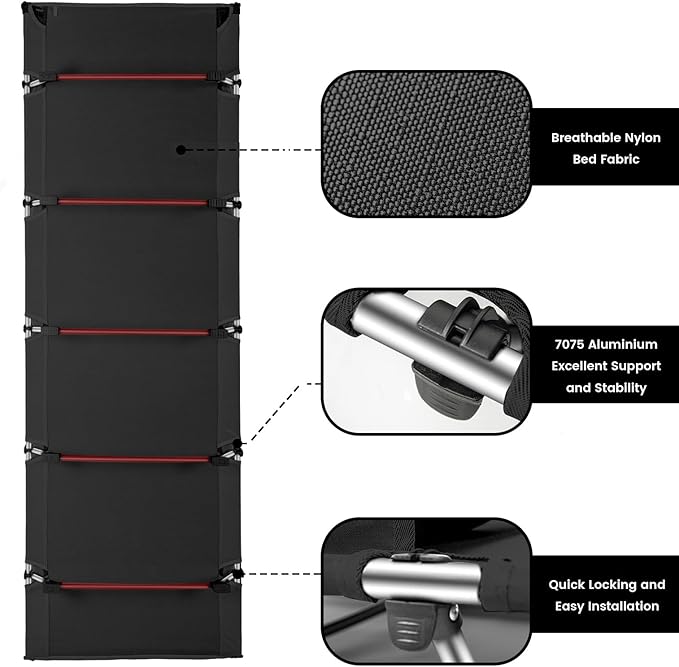 Ultralight Folding Camping Tent Cot, Portable Compact cots for Adults Outdoor Travel, Base Camp, Hiking, Mountaineering, Lightweight Backpacking cot, Oxford Cloth Bed Black Red