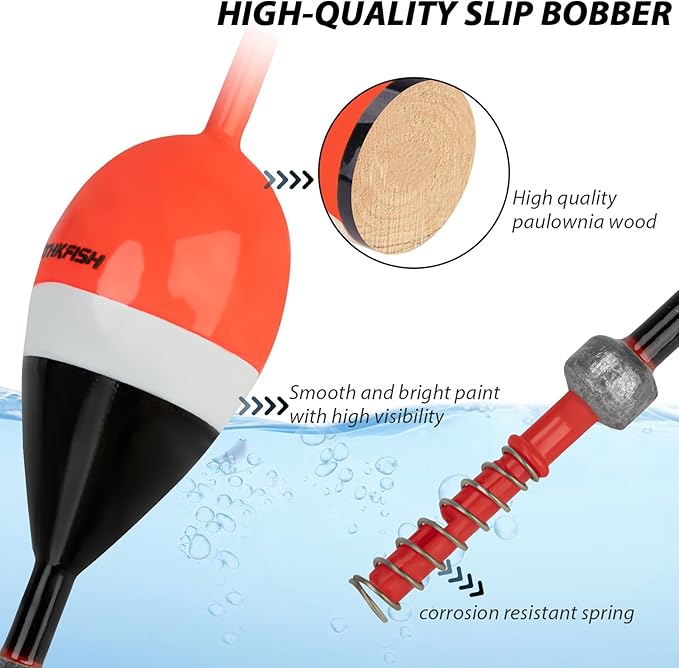 THKFISH Fishing Floats and Bobbers Balsa Wood Floats Spring Bobbers with Oval Slip Bobbers for Crappie Panfish Walleyes Fixed Bobber (1"X0.7"X6") (1.25"X0.75"X6") (2"X1.14"X5.86") 5pcs