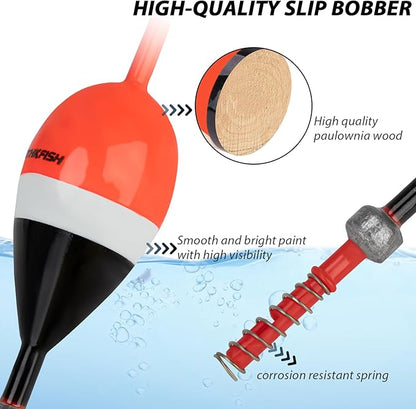 THKFISH Fishing Floats and Bobbers Balsa Wood Floats Spring Bobbers with Oval Slip Bobbers for Crappie Panfish Walleyes Fixed Bobber (1"X0.7"X6") (1.25"X0.75"X6") (2"X1.14"X5.86") 5pcs