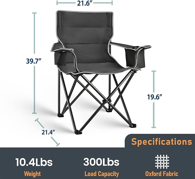 Camping Chair Folding Heavy Duty with Cup Holder & Cooler Bag, Oversized Portable Lawn Chair for Adults, Tall and Lightweight, 300 lbs Capacity, for Beach, Fishing, Sports, Travel