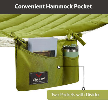 Outdoor Double Hammock with Hardwood Spreader Bars, Large Rope Hammock with Polyester Pad and Pillow, 475 LBS Capacity for 2 Person Patio Backyard Poolside - Green