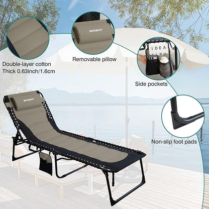 Outdoor Folding Lounge Chair Padded for Adults 264Ibs Patio Chaise Lounge Chair for Outside Adjustable 5-Position Reclining Beach Chair with Pillow Pocket