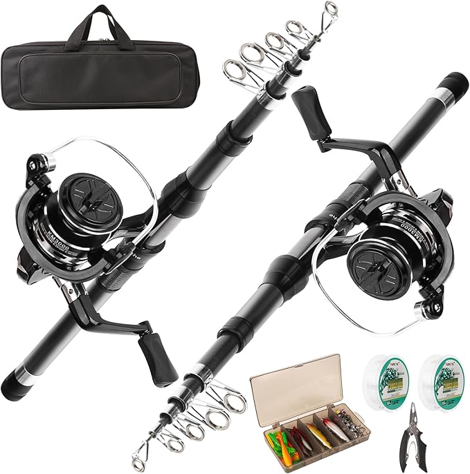 Fishing Rod Reel Combo - 2PCS 6.89ft Telescopic Fishing Poles 2PCS Spinning Reels Lures Set Fishing Pliers with Carrier Bag for Travel Saltwater Freshwater Gift Portable Fishing Pole Kit