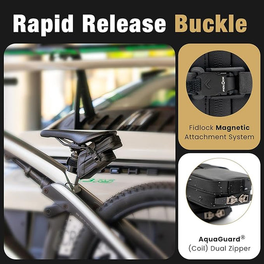 Lumiere & Co. Magnetic Quick-Release Bike Saddle Bag 7″ × 3″ × 3″ Double Compartment, Mach X, Black, Medium