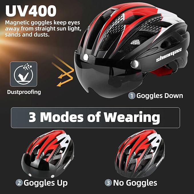 Shinmax Bike Helmet, CPSC/CPC Bike Helmet for Adult Men Women with Magnetic Goggles&Led Back Light Cycling Helmet Adjustable SM-T69