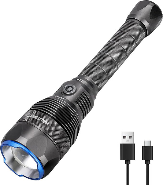 HAUTMEC Rechargeable Flashlights 12000 High Lumens Flashlight, 5 Light Modes Bright Flashlight, 2X Zoom, IP67 Waterproof & Impact-Resistant, and Power Bank, for Emergencies, Hunting, Camping, Hiking